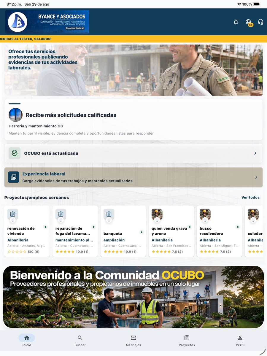 Inicio de OCUBO en tableta: experiencia laboral, proyectos cercanos y calificaciones