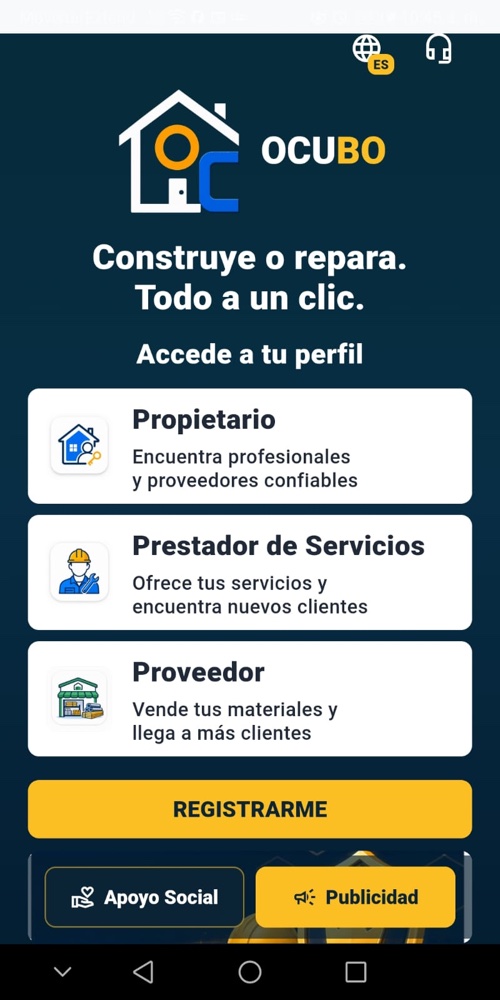 Pantalla real de OCUBO: acceso para propietario, prestador de servicios y proveedor